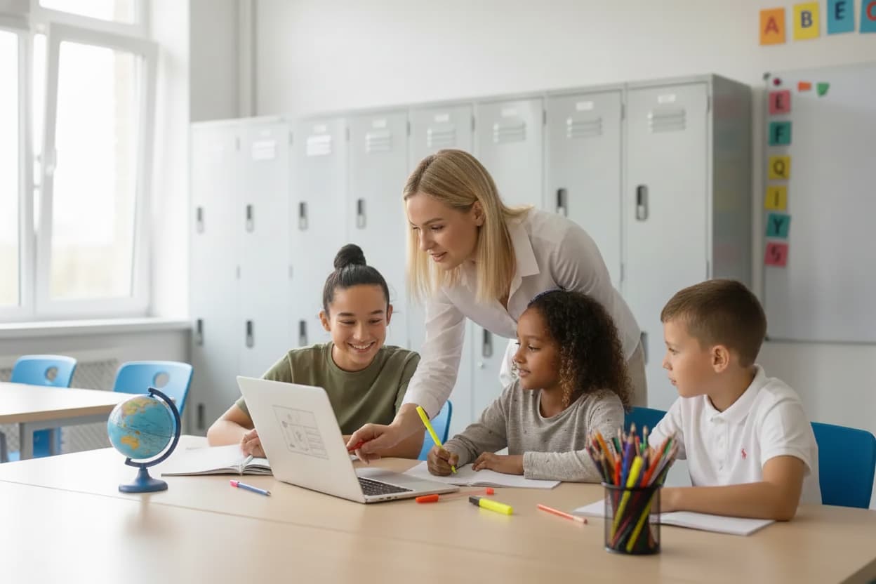 An image of a teacher and three K12 students to explain the new federal tax credit for K–12 scholarships